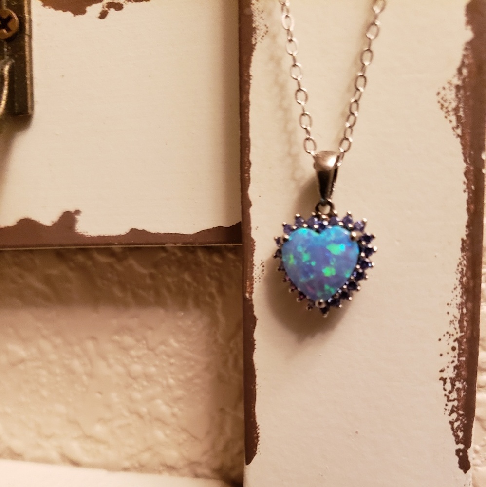 Opal and Blue CZ Heart Necklace